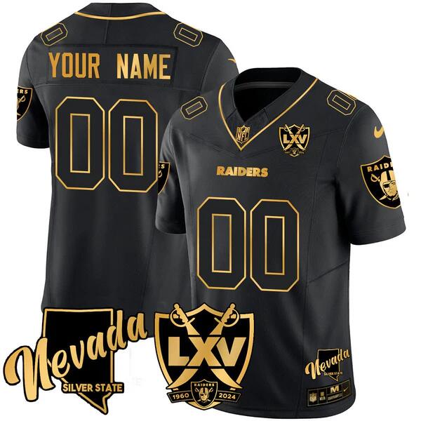 Men's Las Vegas Raiders Active Player Custom Black Golden 2024 F.U.S.E With 65th Anniversary Patch Stitched Football Jersey Men's Las Vegas Raiders Active Player Custom Black Golden 2024 F.U.S.E With 65th Anniversary Patch Stitched Football Jersey